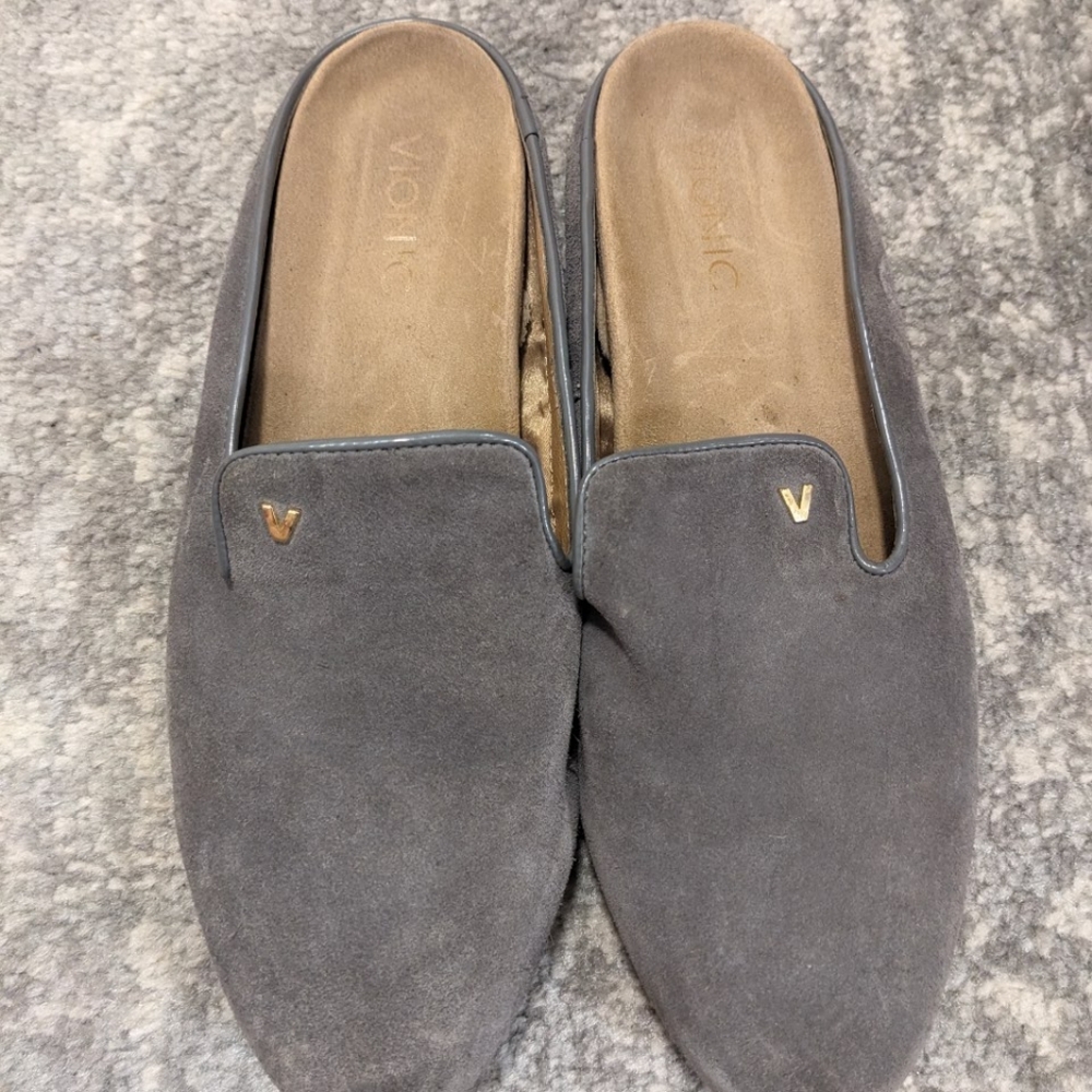Women's Vionic Size 9 Suede Backless Gray Slip On Flat